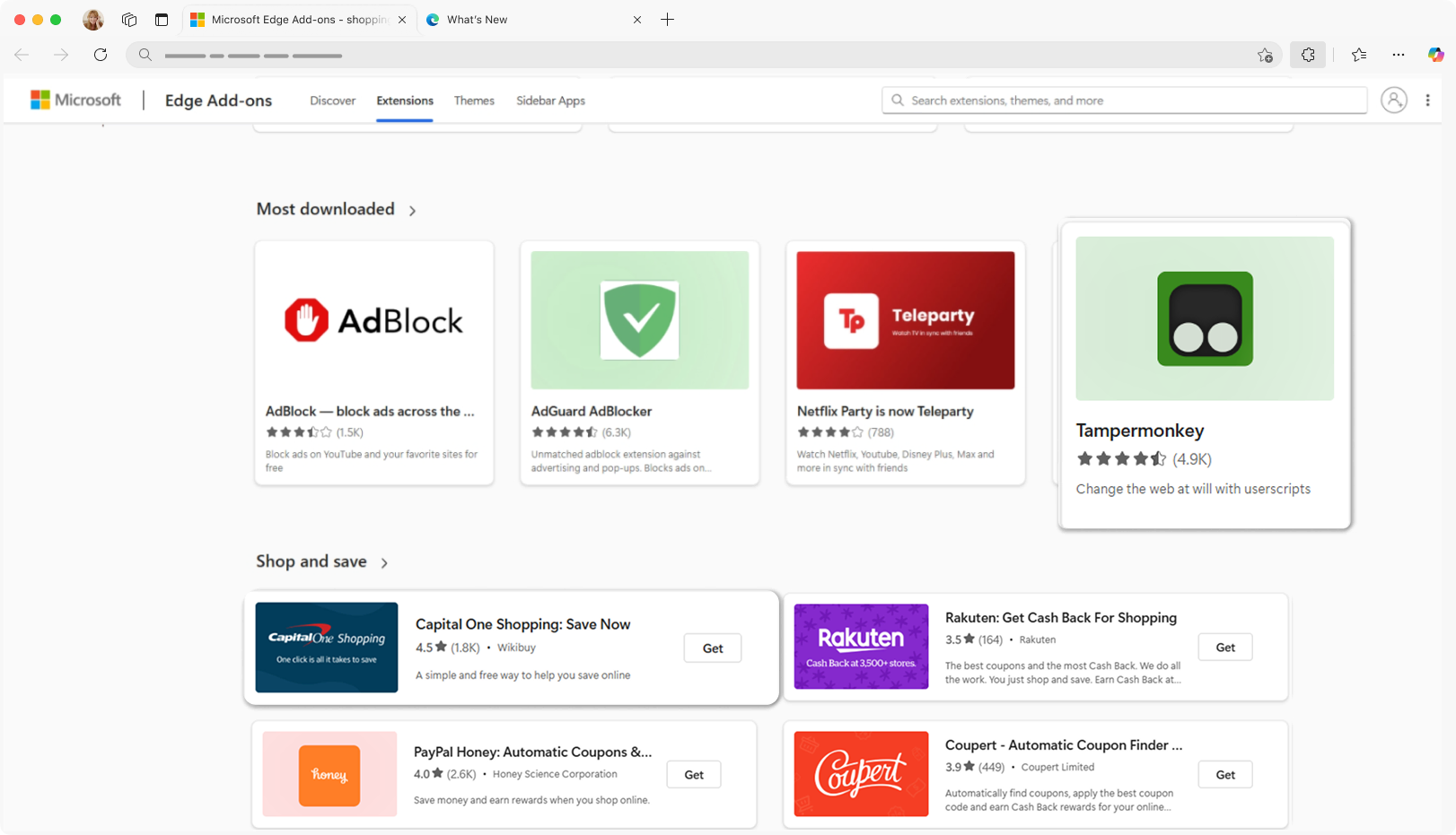 Screenshot of the Microsoft Edge Add-ons store showing popular extensions, including ad blockers, Netflix Party, Tampermonkey, and shopping tools like Honey and Rakuten.